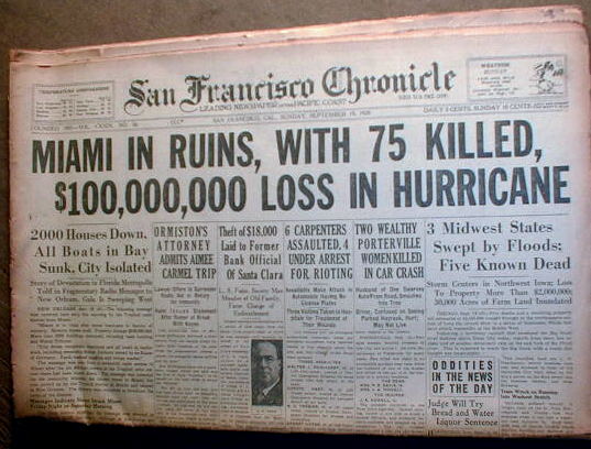 newspapers GREAT FLORIDA HURRICANE strikes MIAMI costliest in US