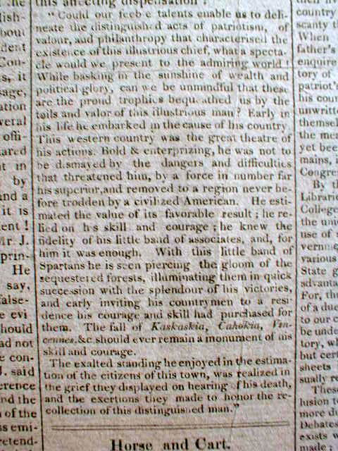1818 Newspaper w Death of George Rogers Clark Revoluiotnary War
