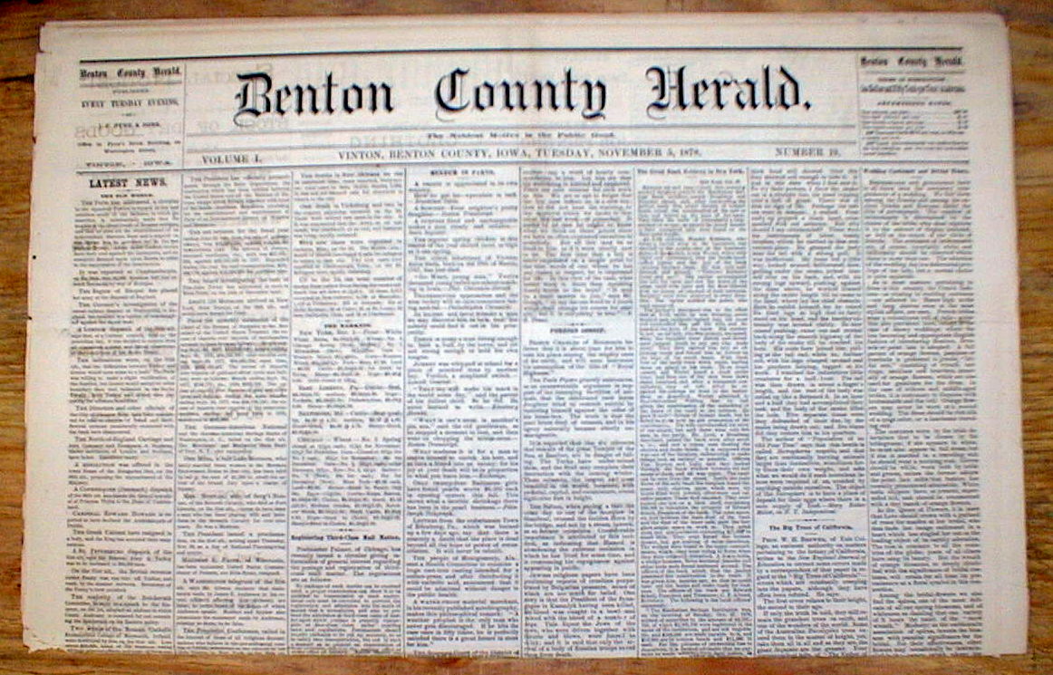 5 rare original 1878 newspapers BENTON COUNTY HERALD Vinton IOWA 135