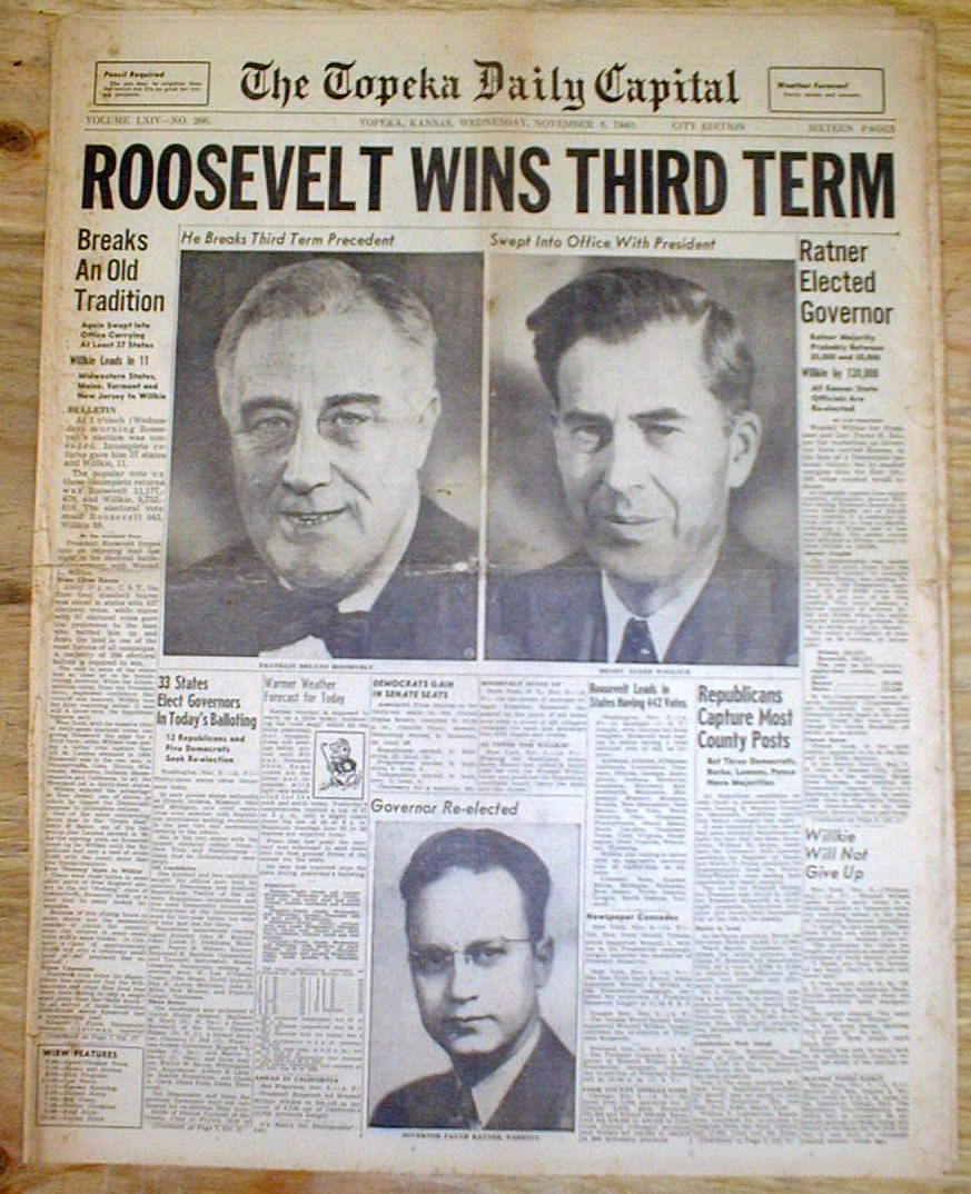 Best 1940 headline newspaper FRANKLIN D ROOSEVELT ELECTED PRESIDENT for