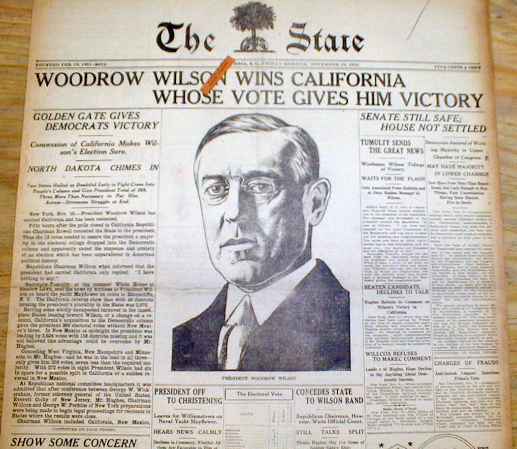 1916 display hdln newspaper WOODROW WILSON ELECTED US PRESIDENT n Close