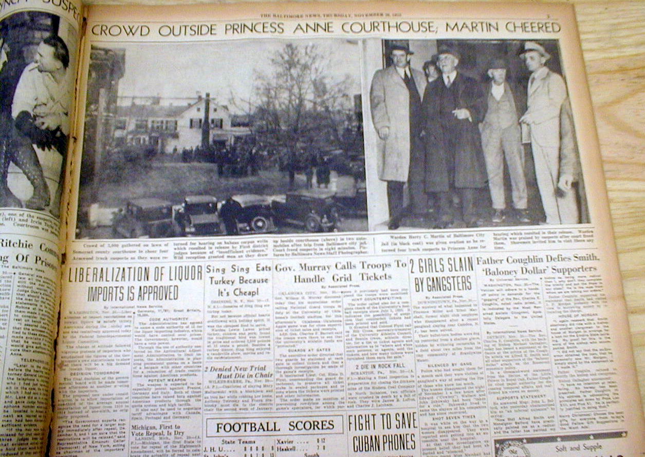 1933 headline newspaper NEGRO Armwood LYNCHED in Princess Anne
