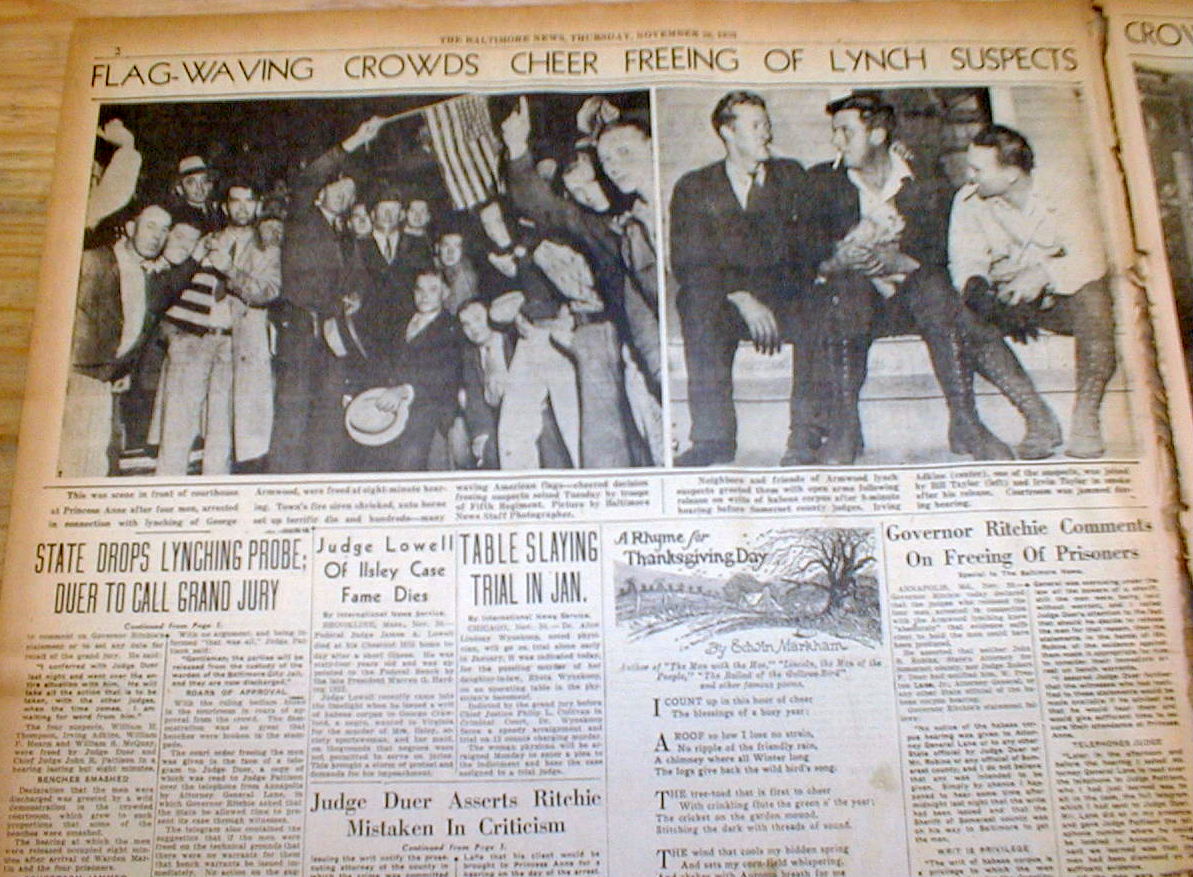 1933 headline newspaper NEGRO Armwood LYNCHED in Princess Anne