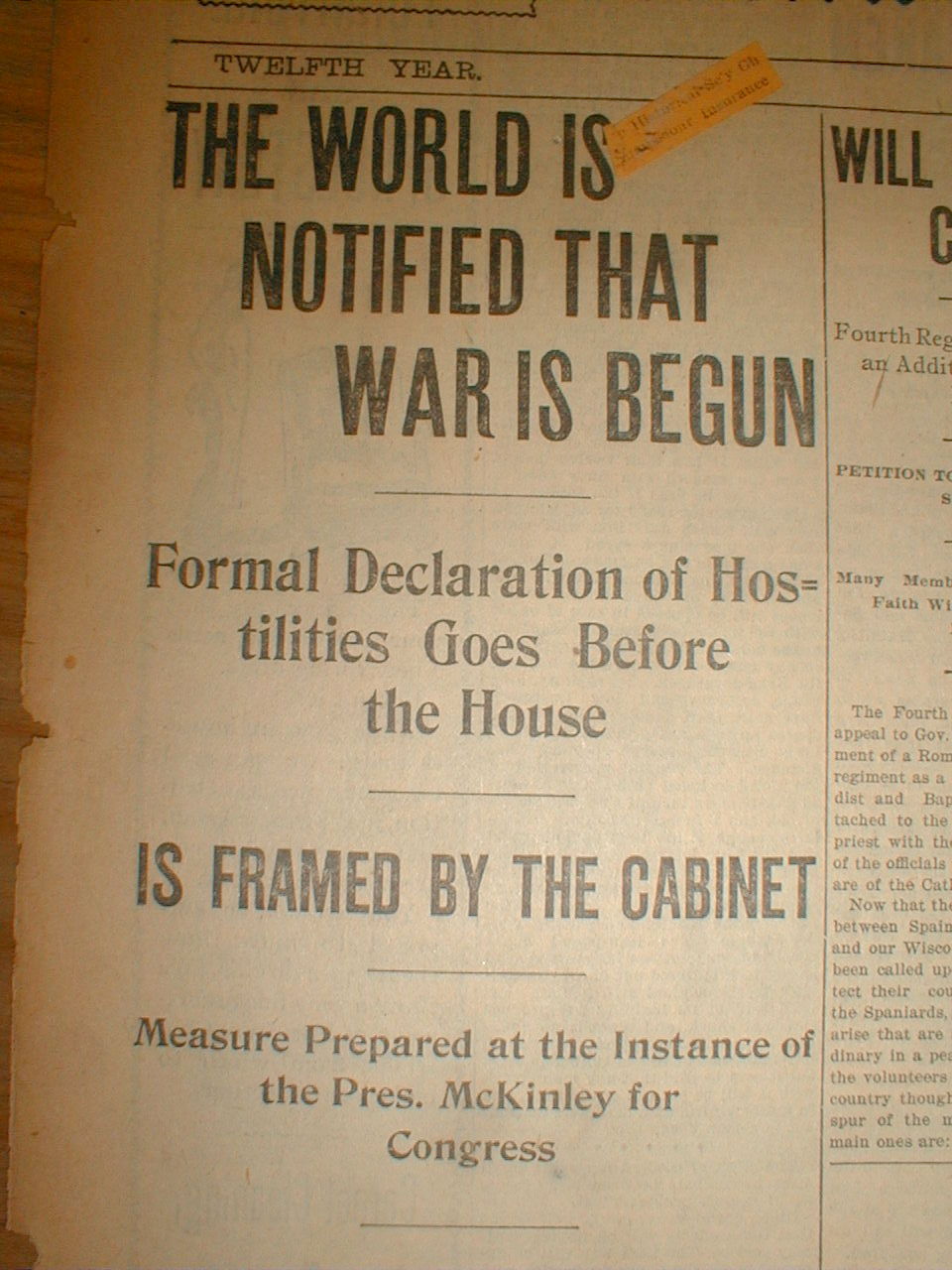 1898 headline display newspaper SPANISH AMERICAN WAR BEGINS w