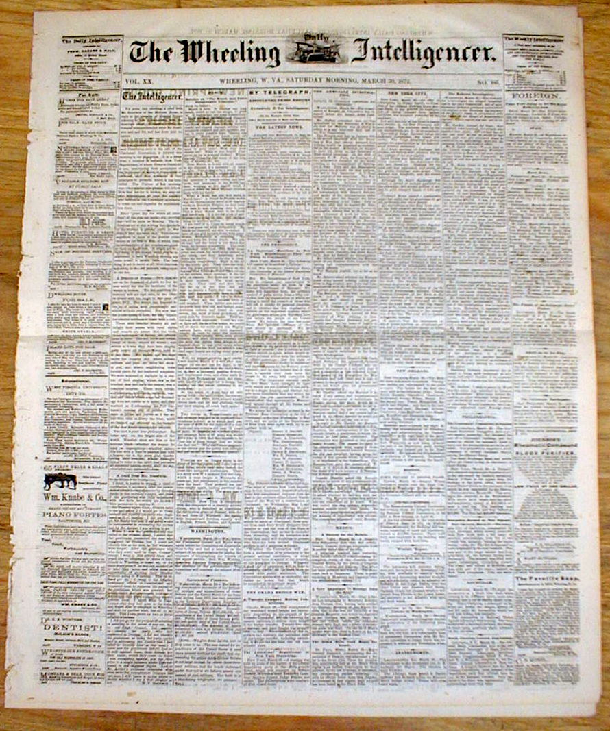 Rare original 1872 newspaper WHEELING INTELLIGENCER West Virginia 141