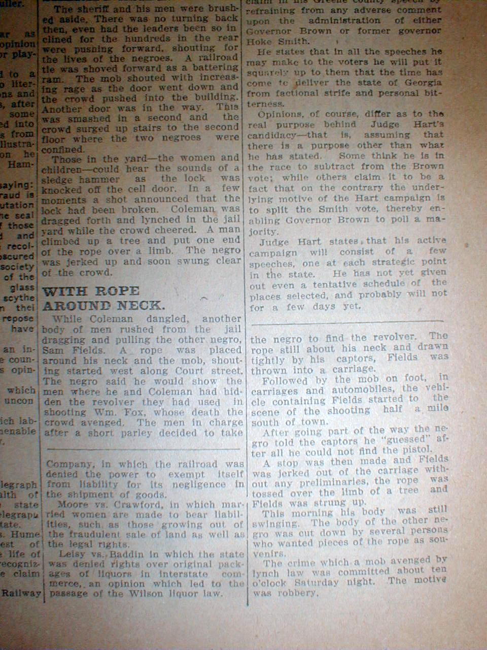 1910 newspaper 2 NEGRO MEN LYNCHED at CHARLESTON Missouri by