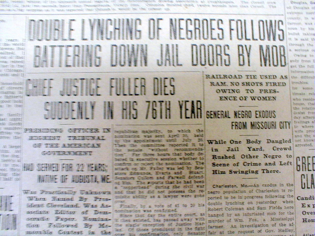 1910 newspaper 2 NEGRO MEN LYNCHED at CHARLESTON Missouri by