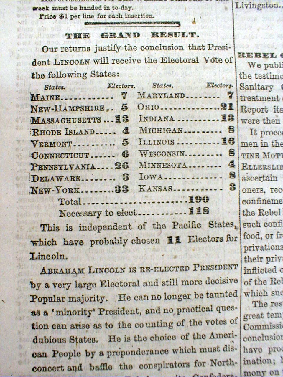 BEST 1864 headline display newspaper ABRAHAM LINCOLN is REELECTED US
