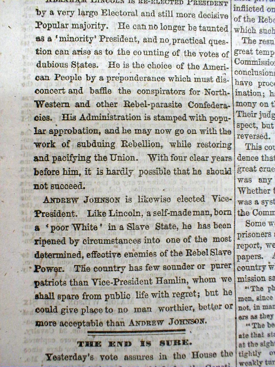 BEST 1864 headline display newspaper ABRAHAM LINCOLN is REELECTED US