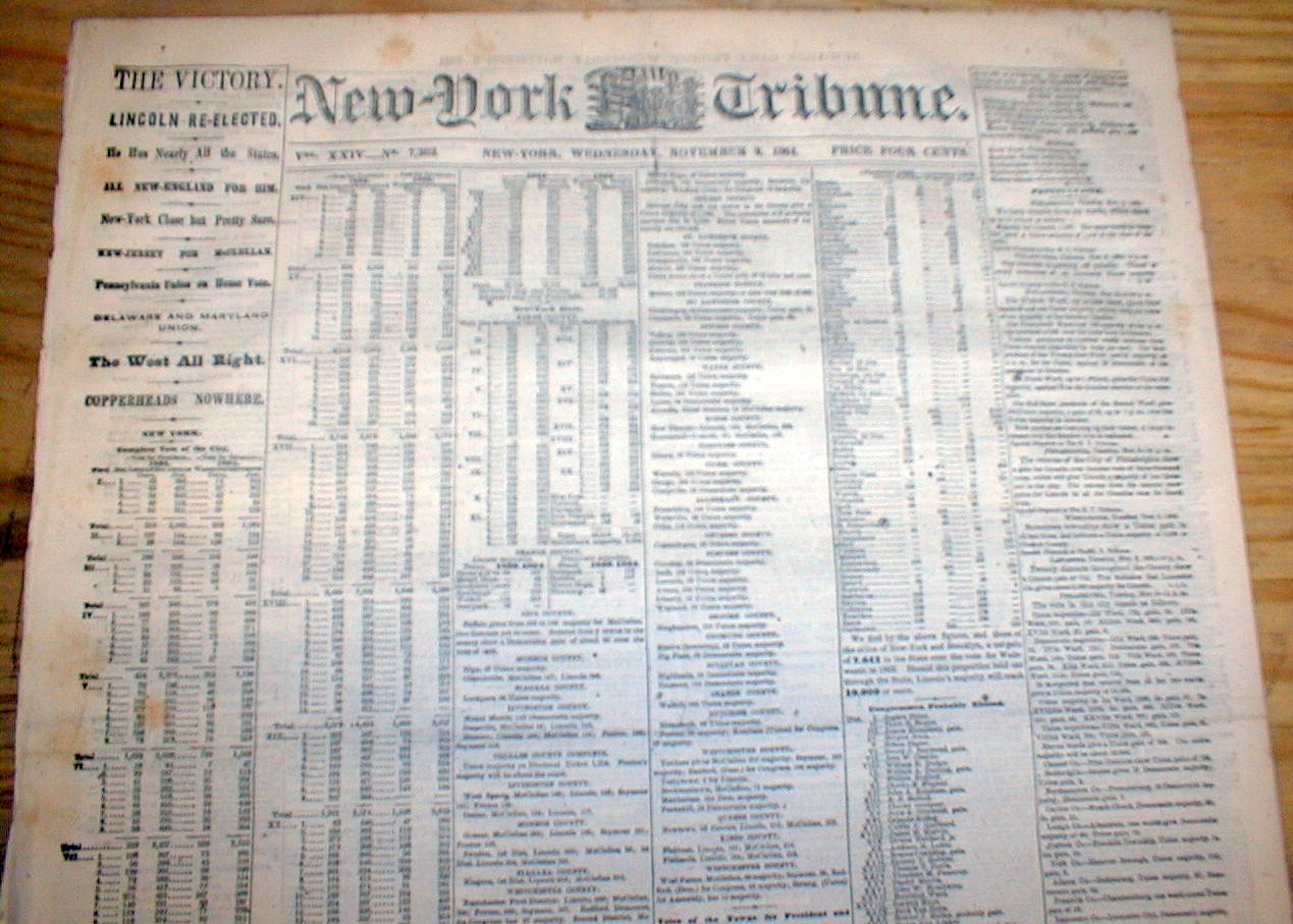BEST 1864 headline display newspaper ABRAHAM LINCOLN is REELECTED US
