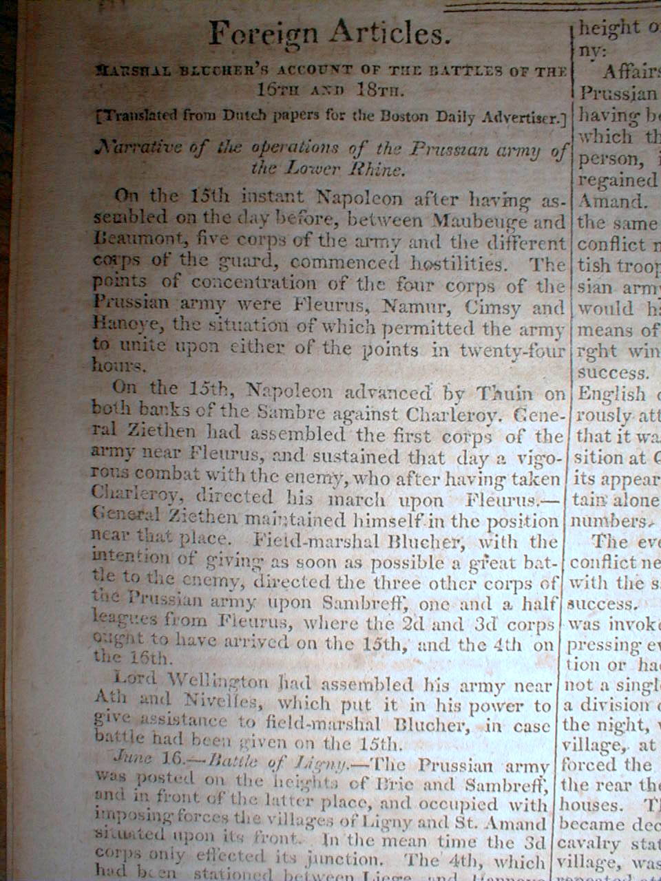 1815 headline newspaper NAPOLEON BONAPARTE final DEFEAT at BATTLE of