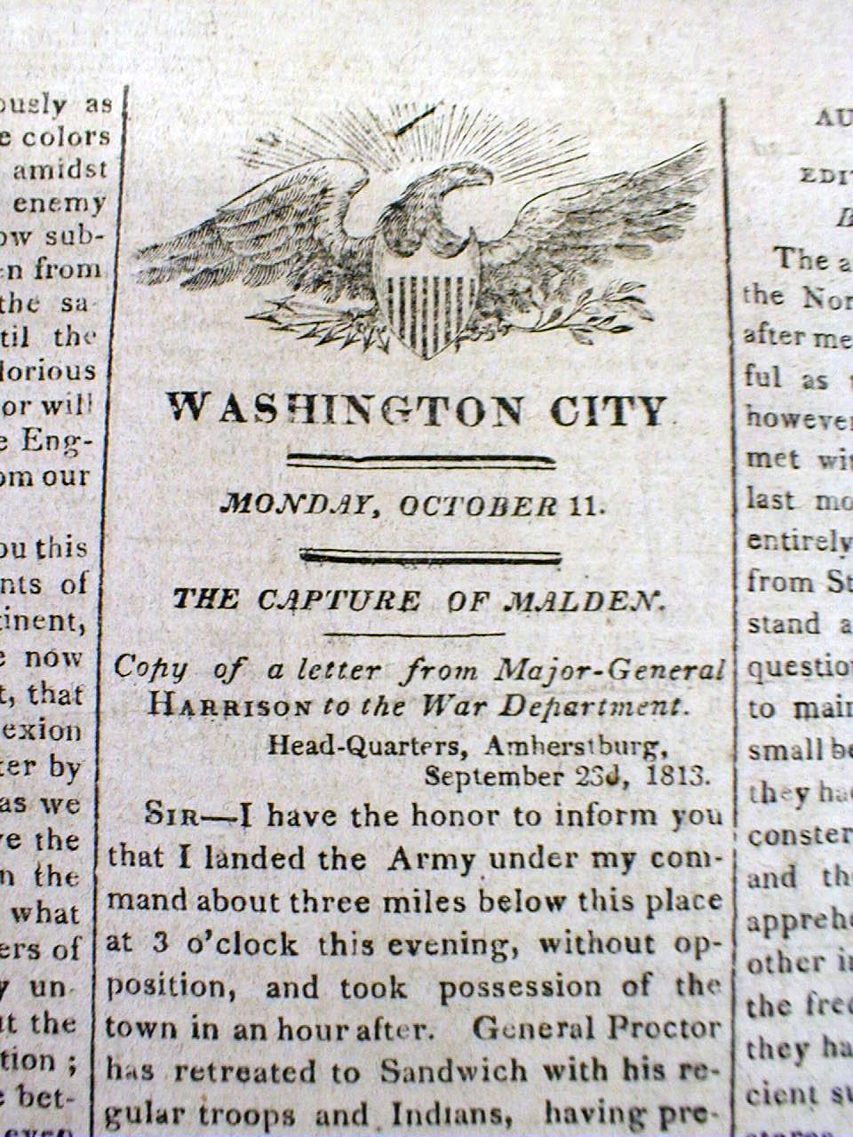 1813 War of 1812 newspaper FORT MALDEN in Ontario CANADA is CAPTURED by