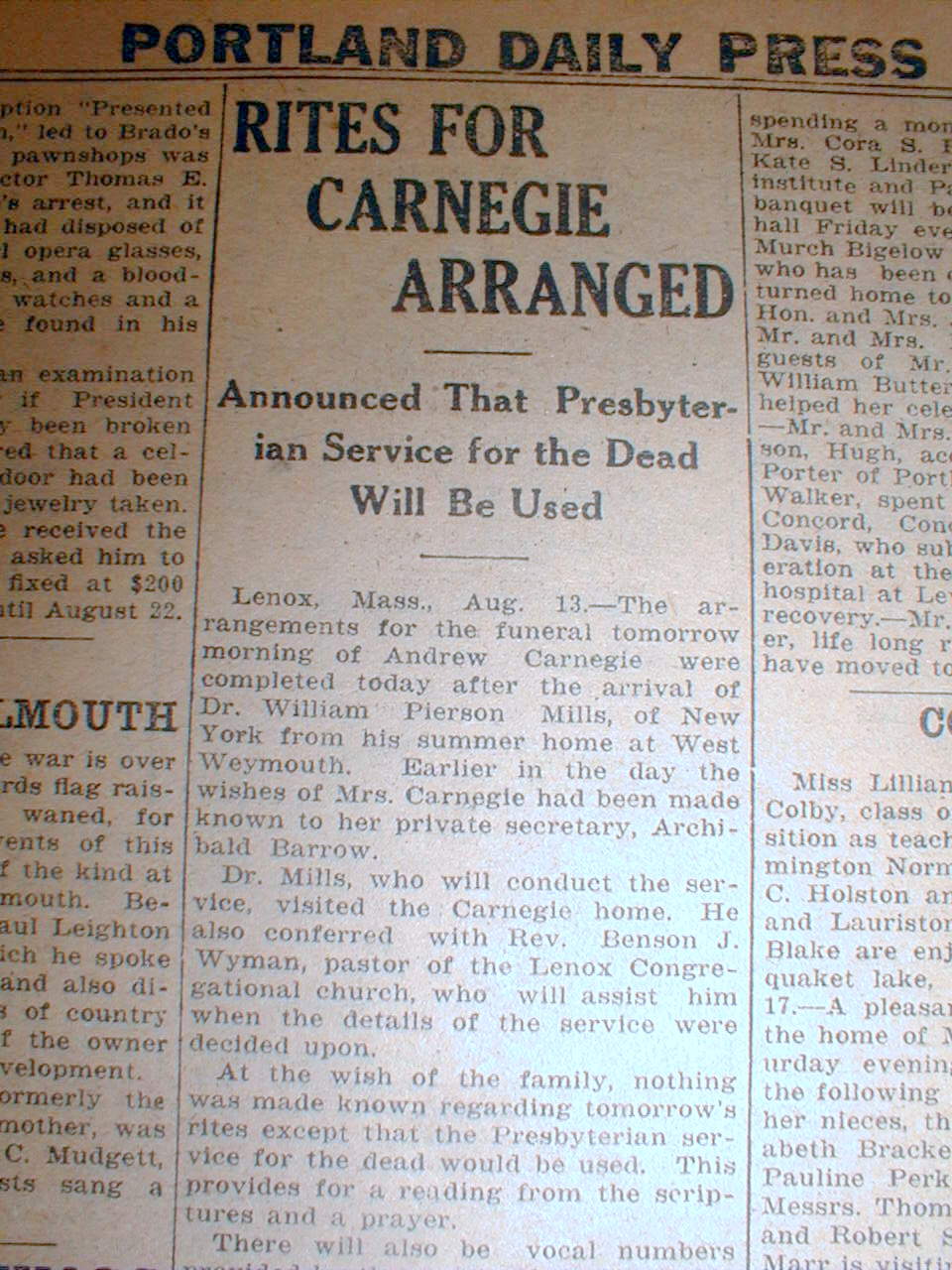 3 1919 newspapers US Steel ANDREW CARNEGIE DEATH & FUNERAL Lenox