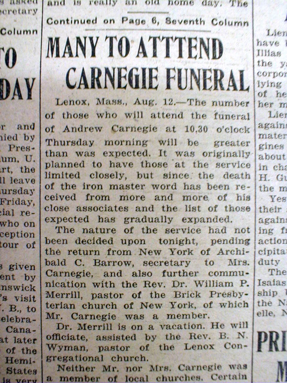 3 1919 newspapers US Steel ANDREW CARNEGIE DEATH & FUNERAL Lenox