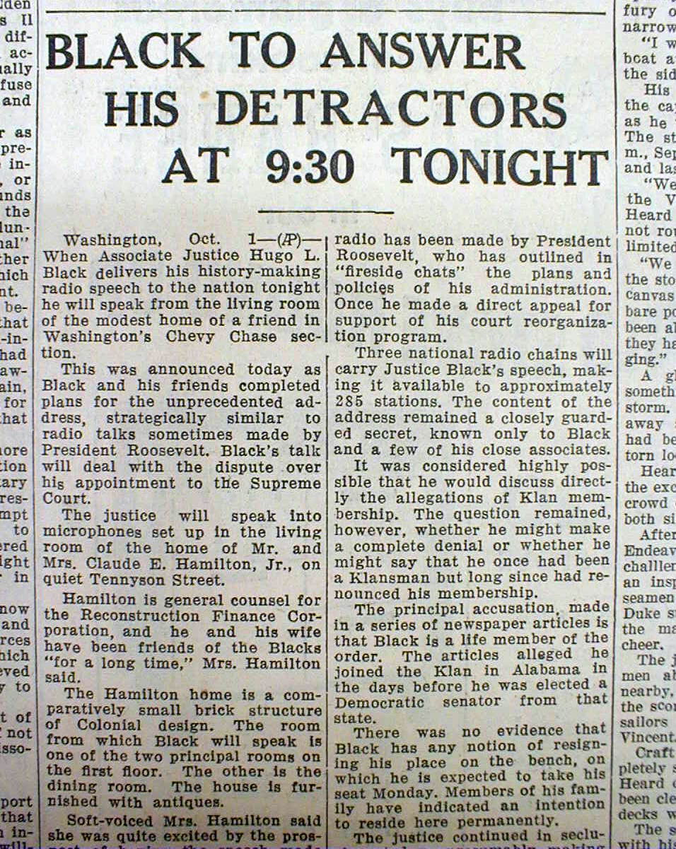 3 1937 Newspapers Former KKK Member Hugo Black Takes Seat on US Supreme Court