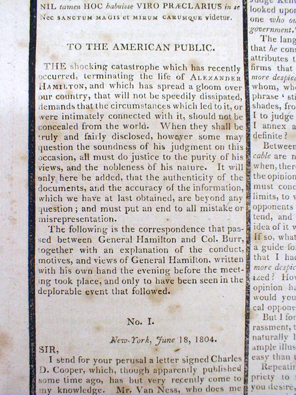 BEST 1804 hdlne display newspaper ALEXANDER HAMILTON KILLED in DUEL w