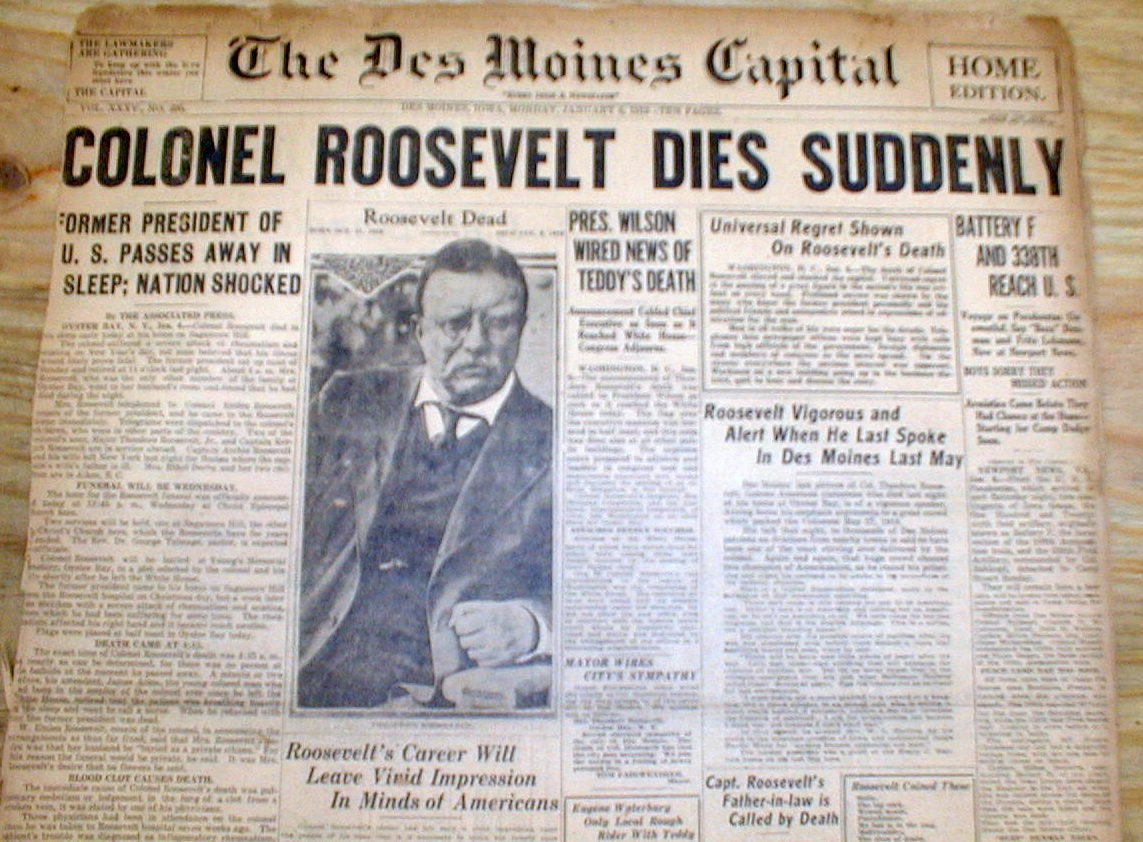 3 1919 headline display newspapers DEATH of ExPRESIDENT TEDDY