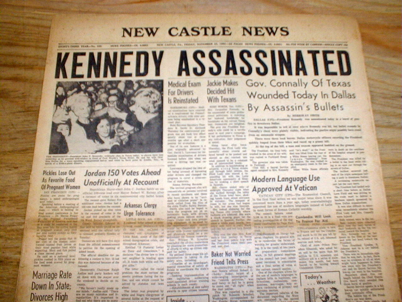 11221963 New Castle PENNSYLVANIA newspaper PRESIDENT JOHN KENNEDY