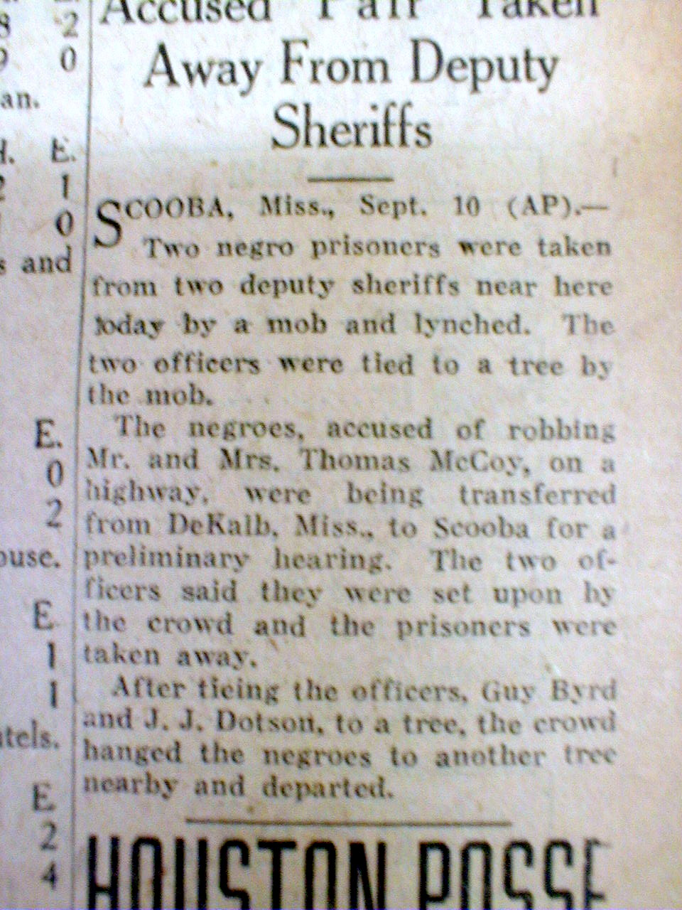 BEST 1930 headline newspaper NEGROES LYNCHED by WHITE MOB at SCOOBA