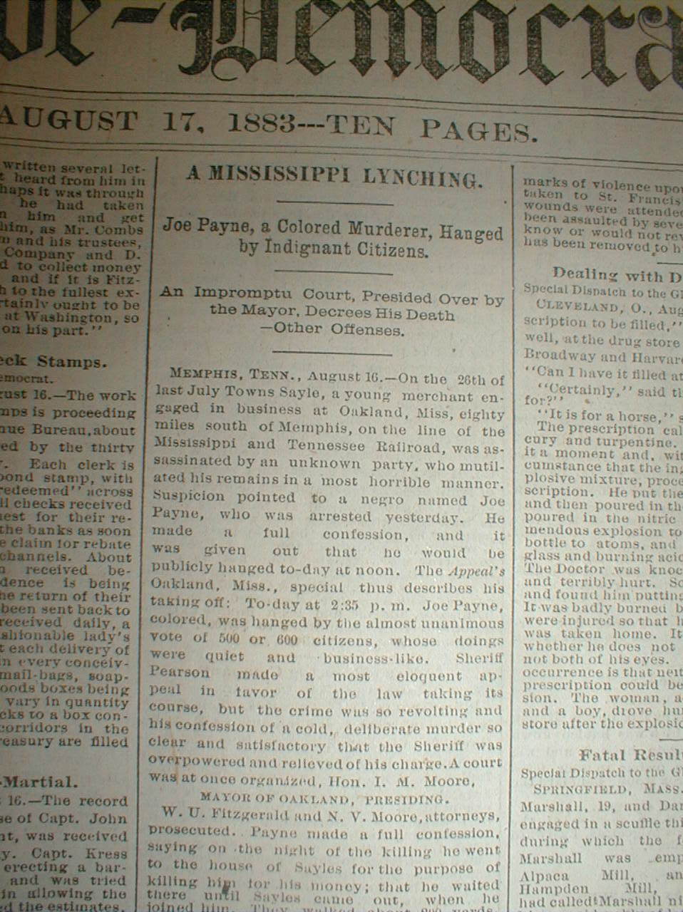 1883 newspaper NEGRO MAN LYNCHED at OAKLAND in Yalobusha County MISSISSIPPI eBay