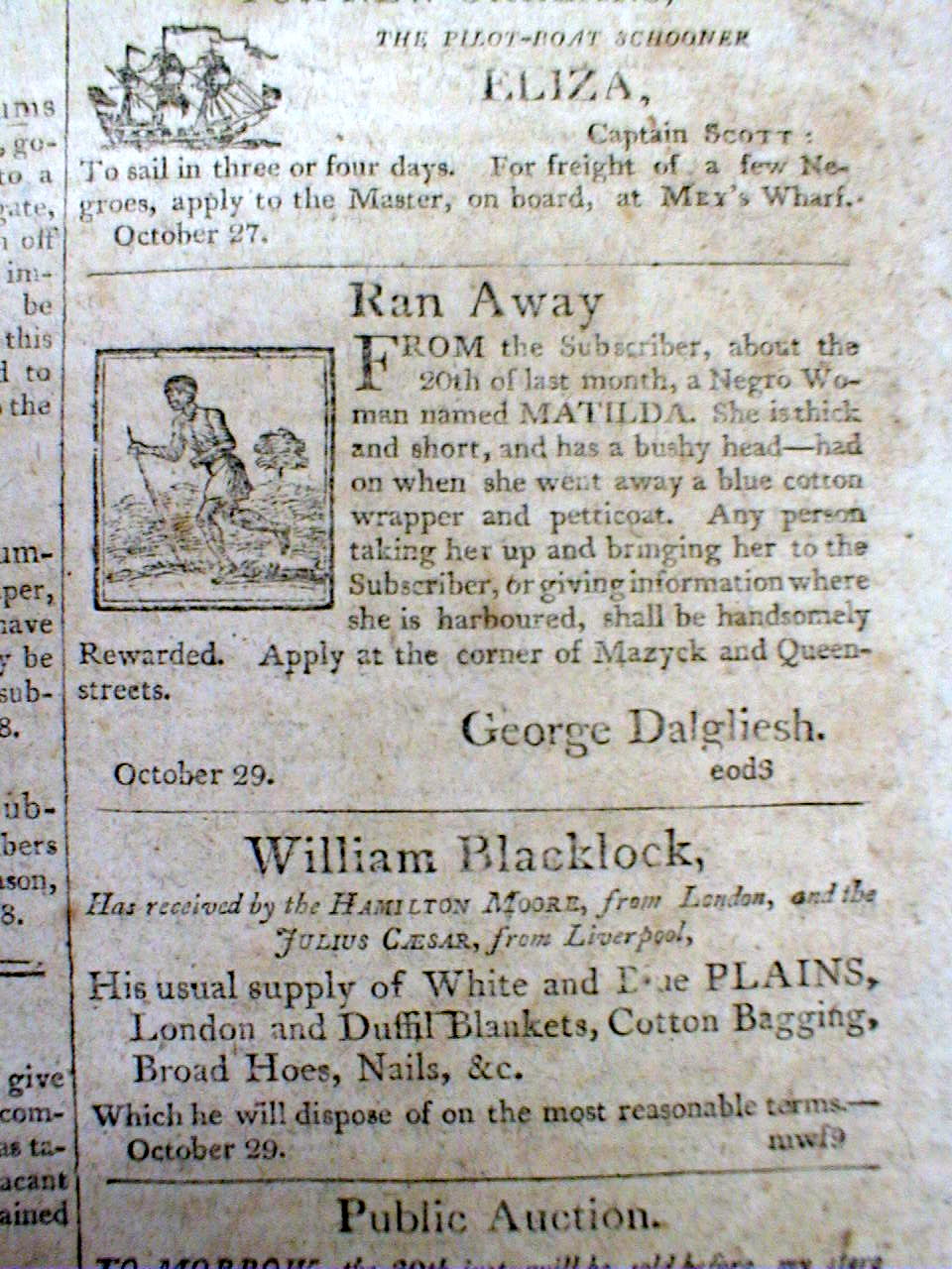 1805 Charleston Courier SOUTH CAROLINA newspaper w ILLUSTRATED RUNAWAY