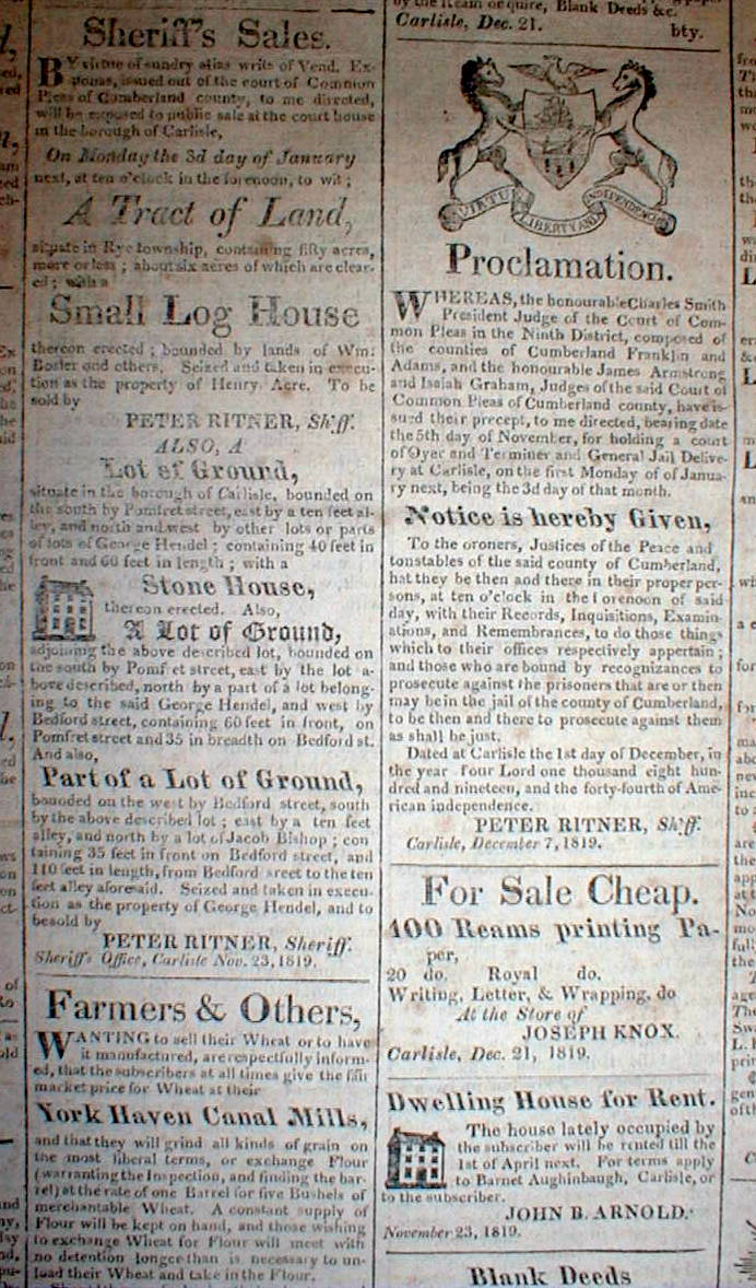 Rare original 1820 newspaper THE CARLISLE REPUBLICAN Pennsylvania 193