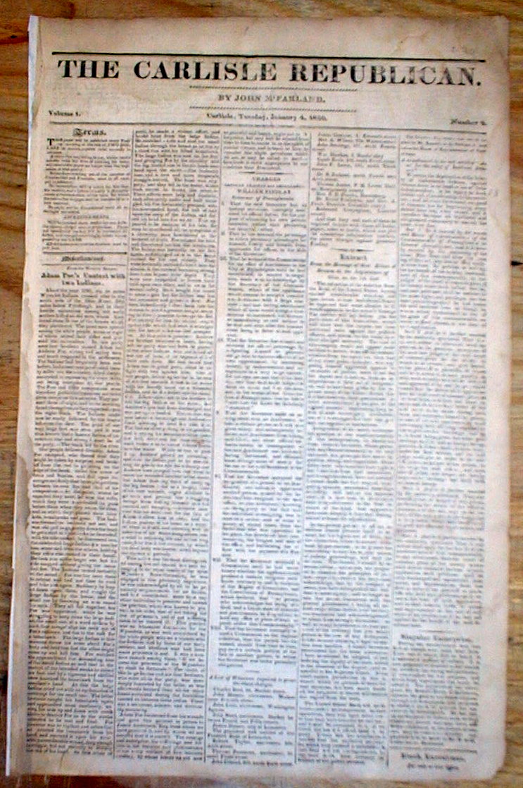 Rare original 1820 newspaper THE CARLISLE REPUBLICAN Pennsylvania 193