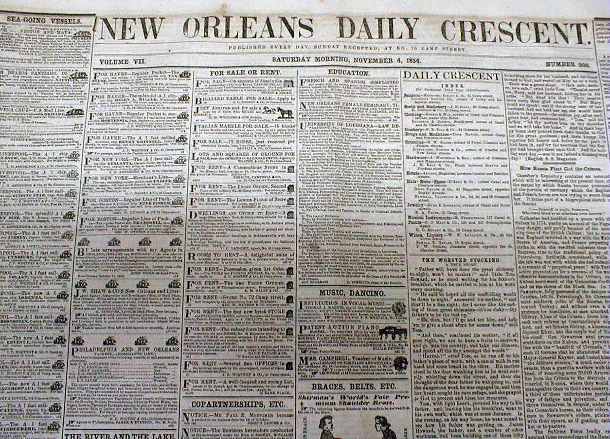 1854 New Orleans Daily Crescent LOUISIANA newspaper w 3 ILLUSTRATED SLAVE ADS eBay