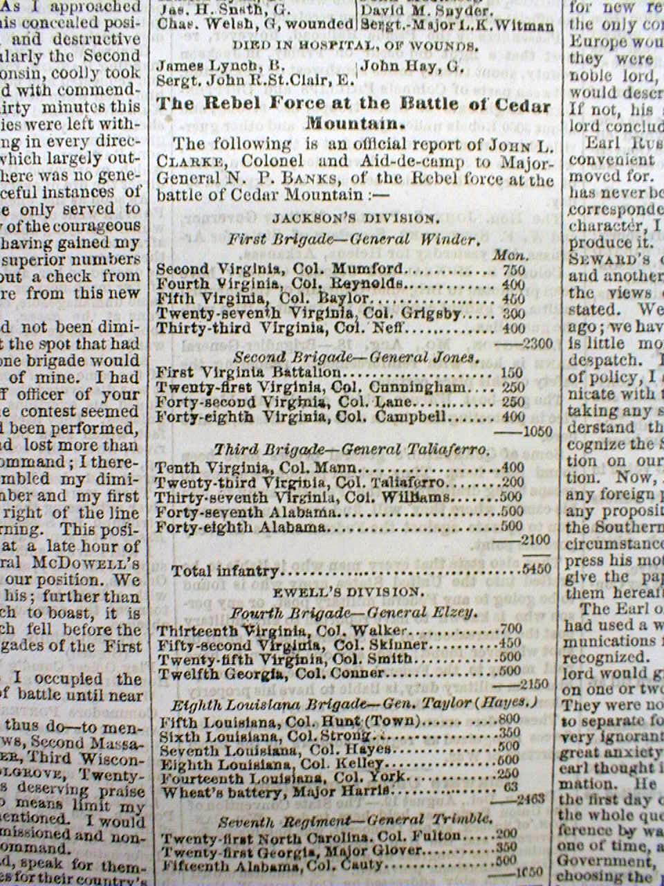 1862 Civil War newspaper BATTLE of CEDAR MOUNTAIN Virginia w list of