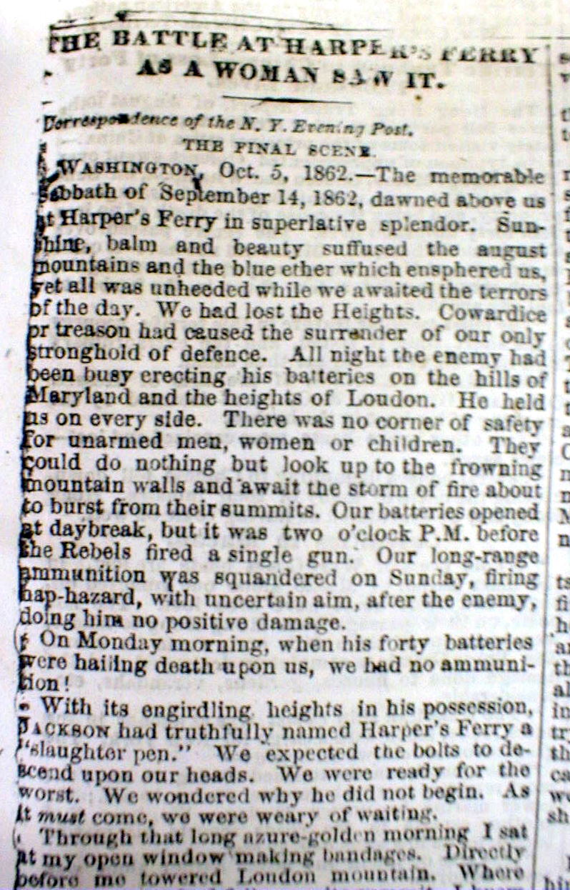 1862 Civil War newspaper BATTLE HARPERS FERRY West Virginia reported