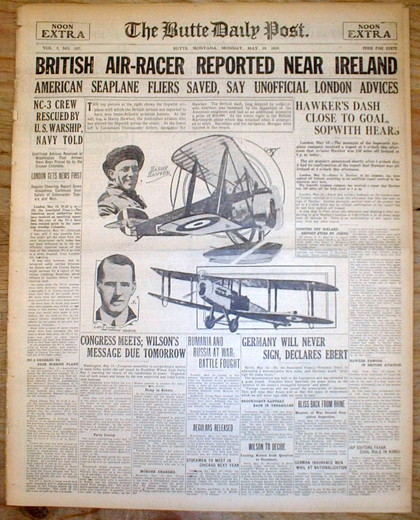AVIATION 8 1919 newspapers w headlines 1st airplane to fly across