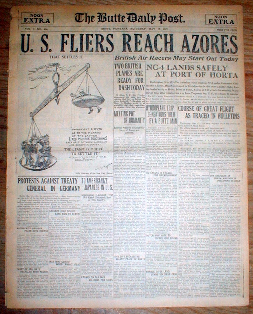AVIATION 8 1919 newspapers w headlines 1st airplane to fly across