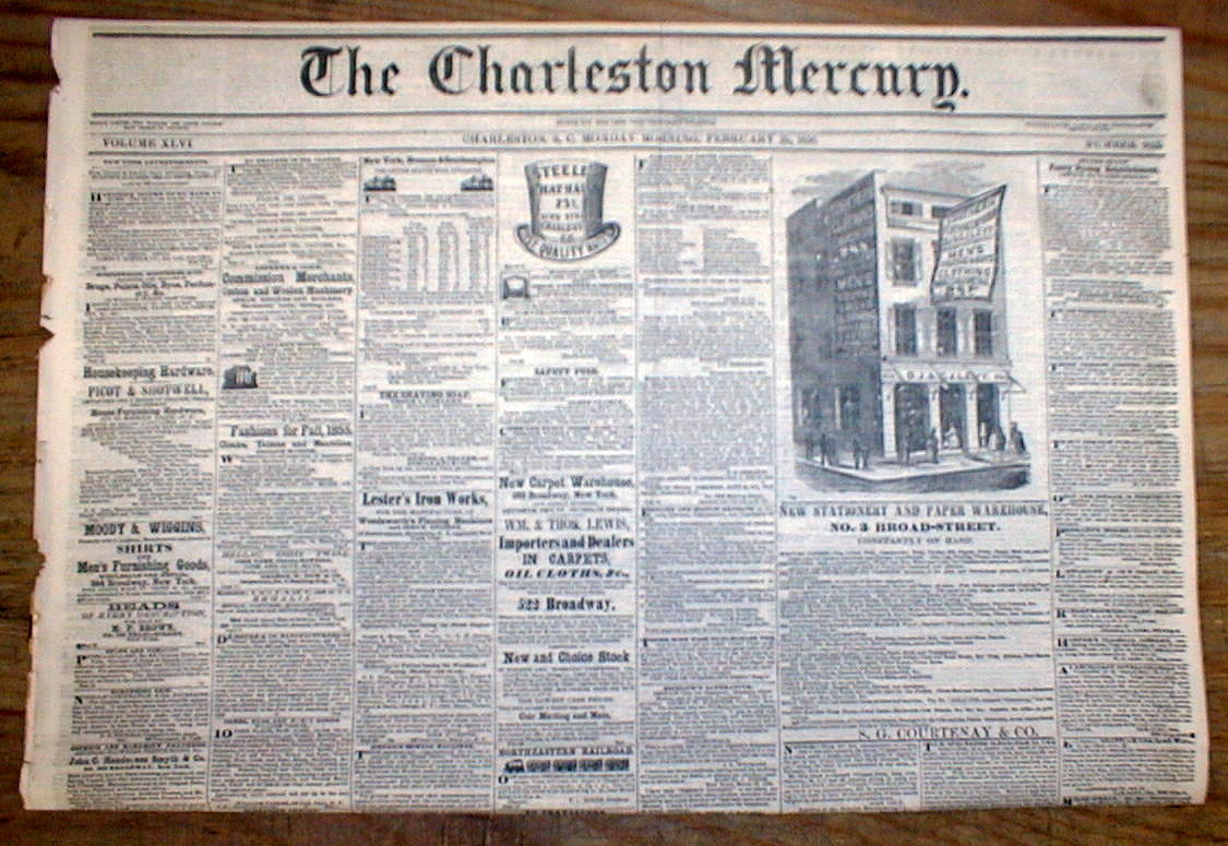 JUDAICA 1856 Charleston SC newspaper w illustrated ad for JEWISH OWNED