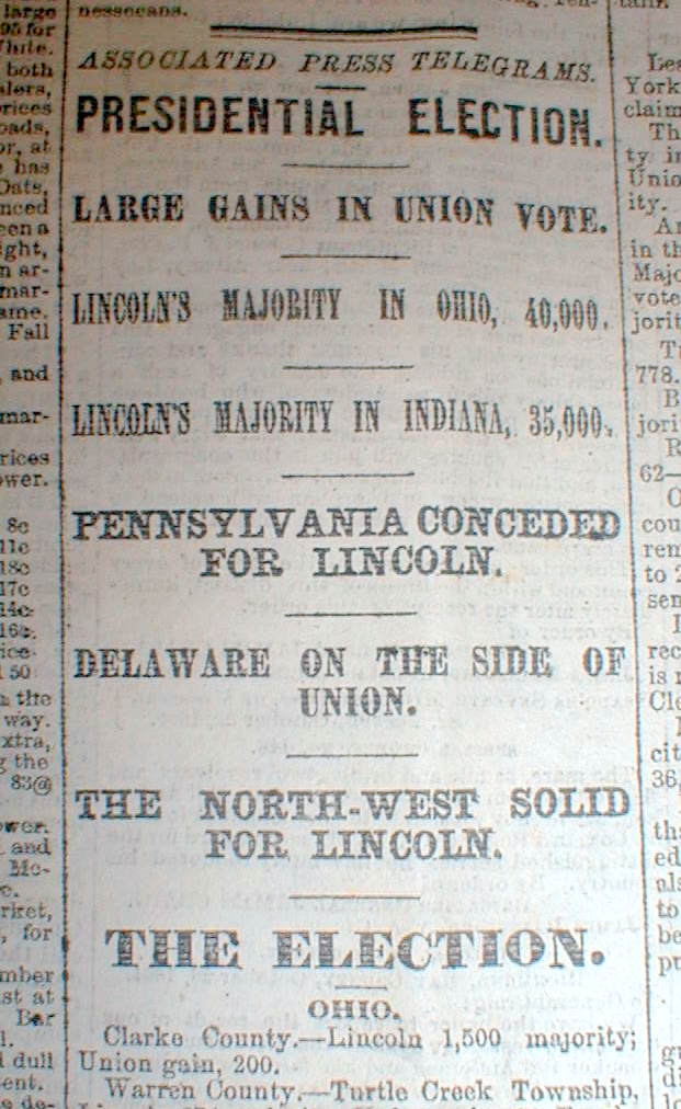 1864 Civil War Headline Newspaper ABRAHAM LINCOLN Is RE ELECTED US