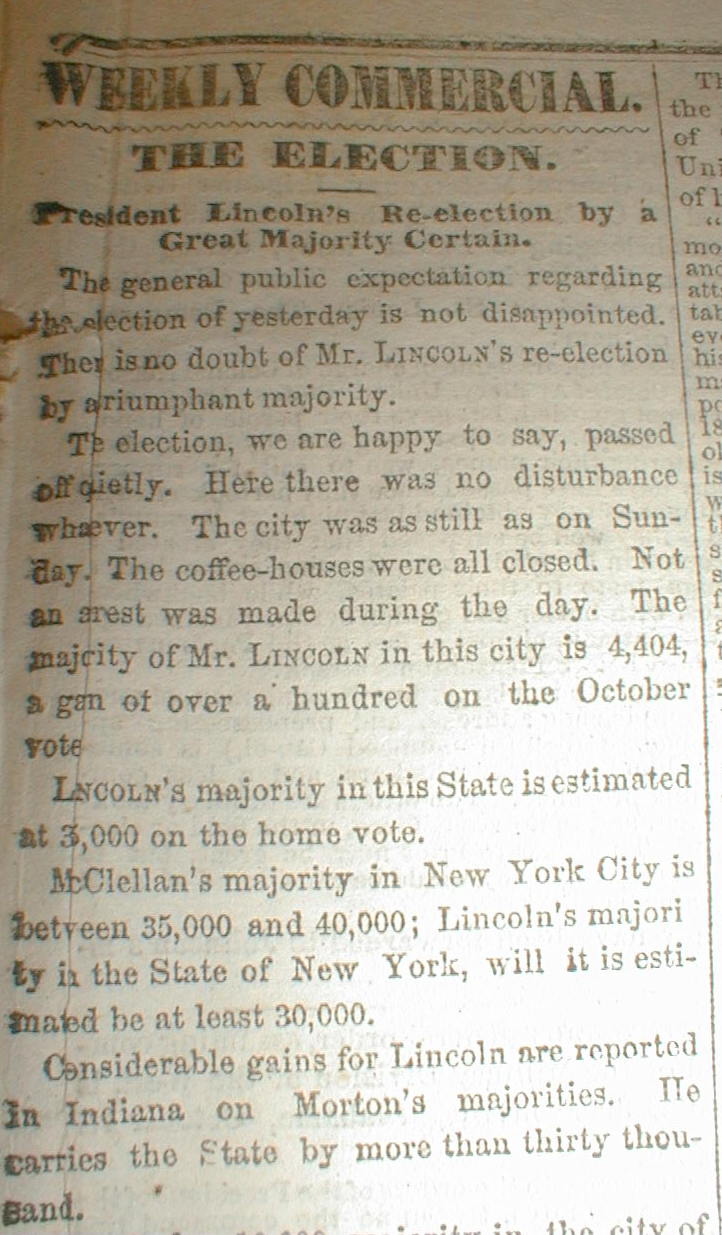 1864 Civil War headline newspaper ABRAHAM LINCOLN is REELECTED US