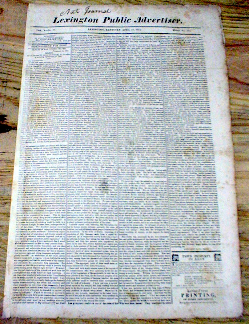 Rare original 1824 KENTUCKY newspaper LEXINGTON PUBLIC ADVERTISER 190