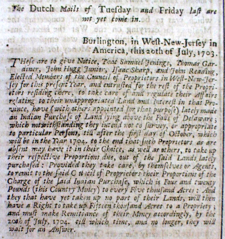 Rare 1704 newspaper FOUNDING BURLINGTON West New Jersey NORTH AMERICAN