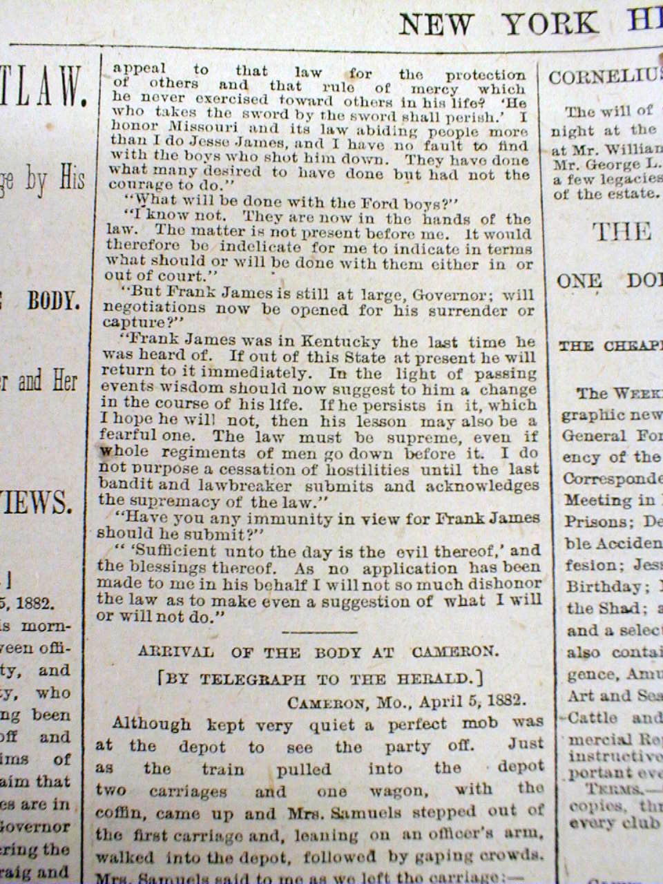 1882 newspaper Outlaw JESSE JAMES is SHOT DEAD by BOB FORD at ST JOSEPH Missouri