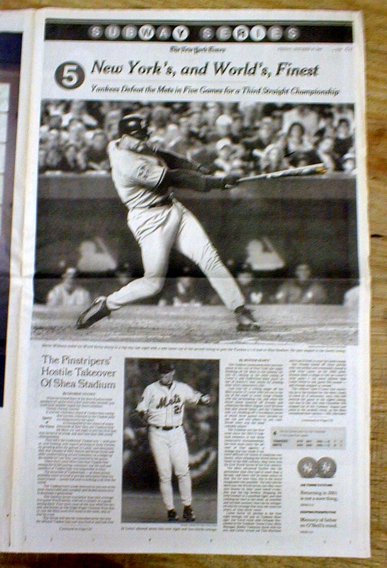 2000 NY Times newspaper New York Yankees win 3rd straight baseball