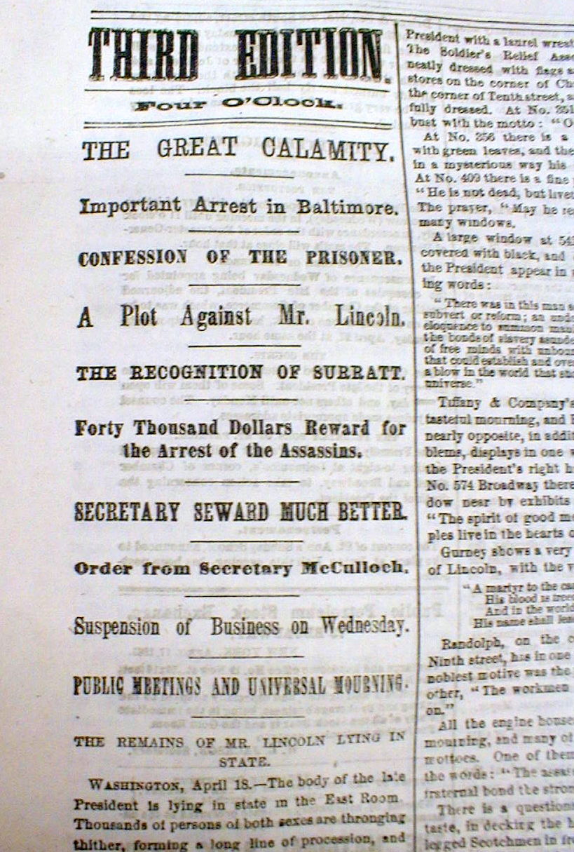 1865 headline newspaper ABRAHAM LINCOLN is DEAD JOHN WILKES BOOTH the
