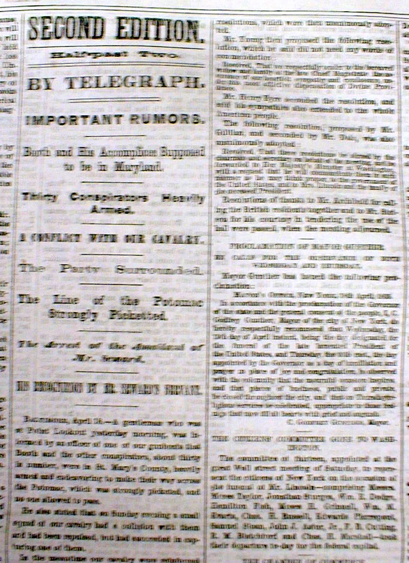 1865 headline newspaper ABRAHAM LINCOLN is DEAD JOHN WILKES BOOTH the