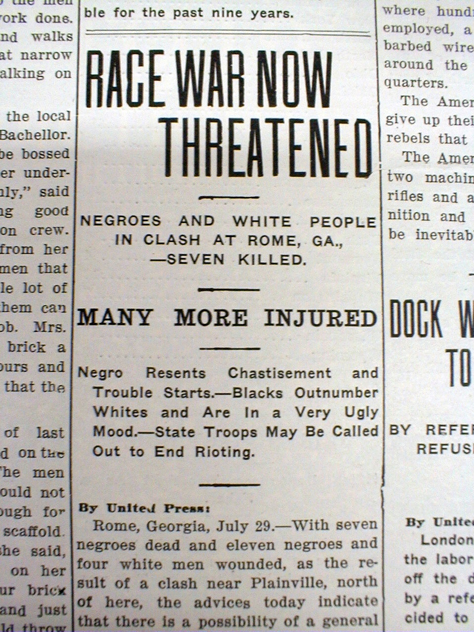 1912 newspaper RACE WAR between Negroes & Whites in PLAINVILLE
