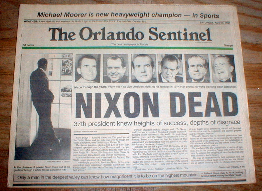 1994 headline display newspaper Former US President RICHARD NIXON is DEAD eBay