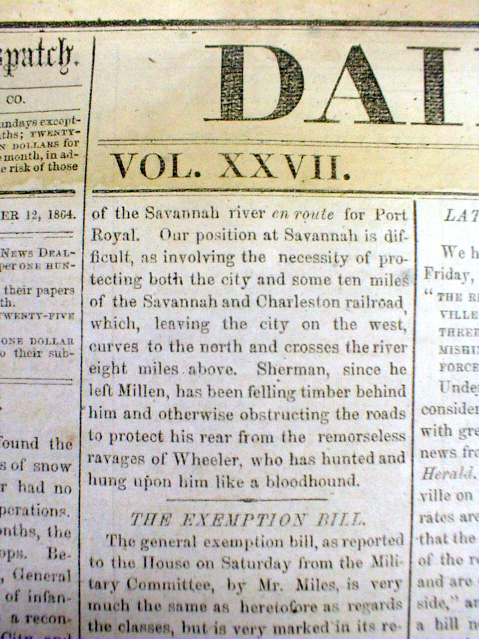 1864 Confederate Civil War Newspaper SHERMANS MARCH THROUGH GEORGIA