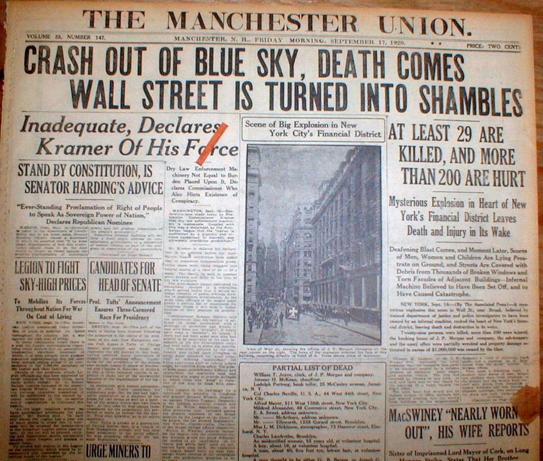 1920 headline newspaper WALL STREET BOMB EXPLOSION kills 38 in