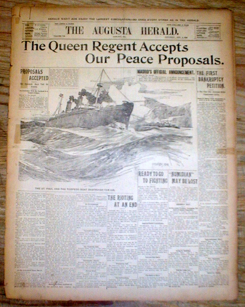 1898 headline newspaper SPANISH AMERICAN WAR ENDS Spain agrees to US
