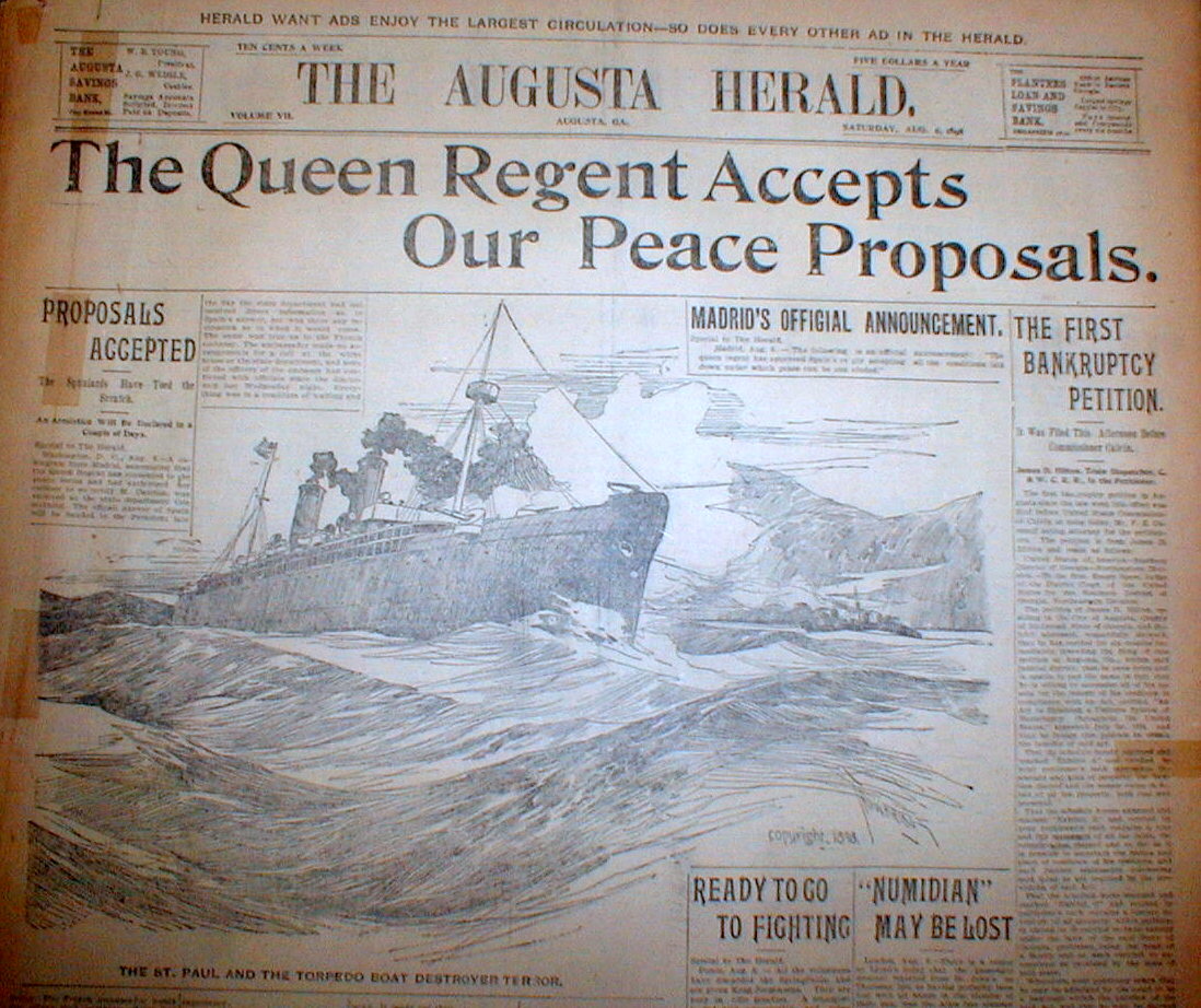 1898 headline newspaper SPANISH AMERICAN WAR ENDS Spain agrees to US