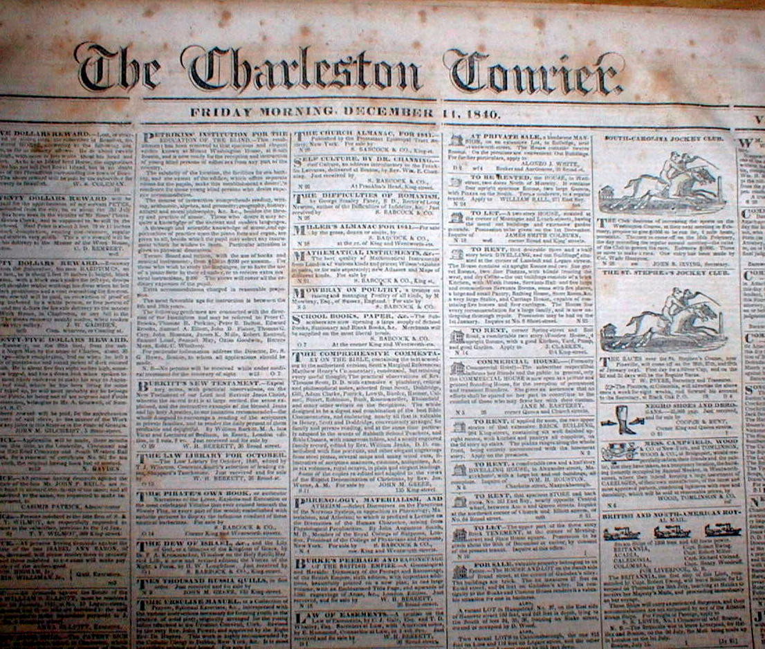 1840 CHARLESTON COURIER South Carolina newspaper w illustrated HORSE