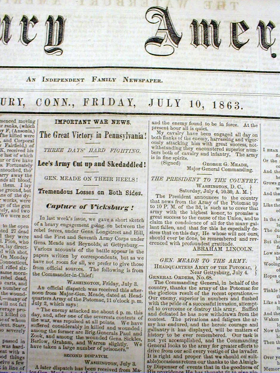 1863 Civil War headline display newspaper w 1st report BATTLE OF