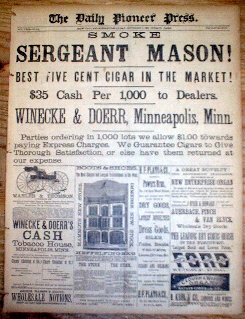 1882 St Paul Minnesota newspaper w large FP ad BEST 5 CENT CIGAR on